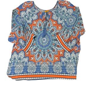 Ruby Rd. Woman boho tunic top blue and orange mosaic pattern 3/4 sleeve 2X Sale!